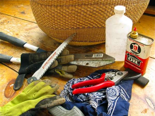 Set of gardening tools that need to be cleaned and disinfected